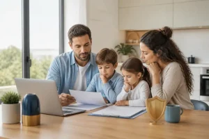 תביעת ביטוח מחלות קשות משפחה בודקת מסמכי ביטוח רפואי בבית לאחר אבחון מחלה קשה