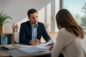 בדיקת ביטוח מחלות קשות עם רקע משפחתי יועץ ביטוח בוחן מסמכים רפואיים ופוליסת מחלות קשות עם לקוח