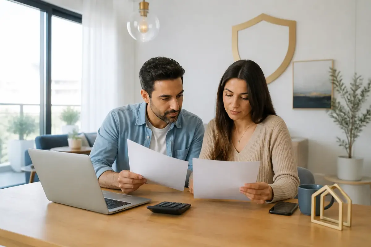 זוג בוחן מסמכי משכנתא וביטוח בבית לצד מחשב נייד