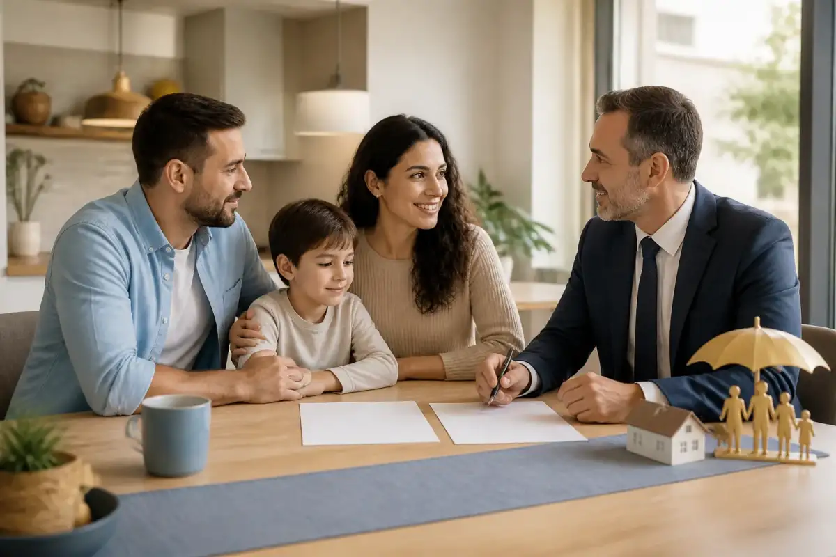 משפחה בודקת מסמכי משכנתא וביטוח חיים בבית לאחר פטירת לווה
