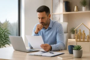 בדיקת דוח הר הביטוח אדם בוחן דוח ביטוחים במחשב לצד מסמכי פוליסה ועט על שולחן עבודה