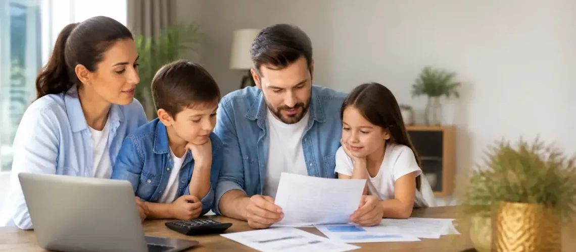משפחה בוחנת מסמכי ביטוח חיים בבית עם מחשב ומחשבון