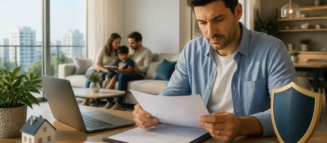 בעל דירה בודק מסמכי ביטוח מבנה לצד מפתח ותוכנית דירה