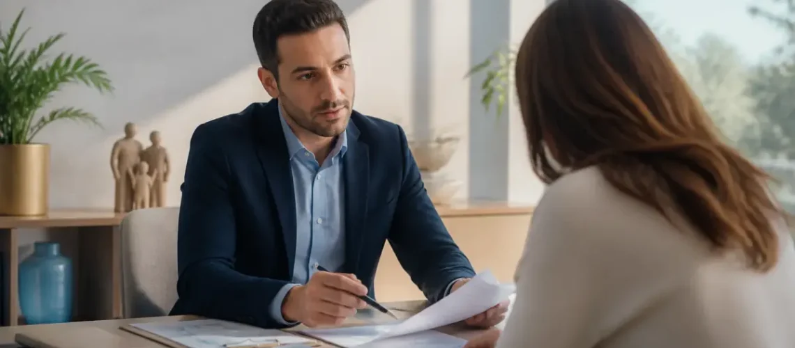 יועץ ביטוח בוחן מסמכים רפואיים ופוליסת מחלות קשות עם לקוח