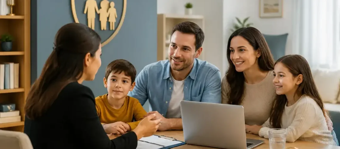 משפחה בוחנת מסמכי ביטוח בבית עם מחשב נייד ויועץ מקצועי
