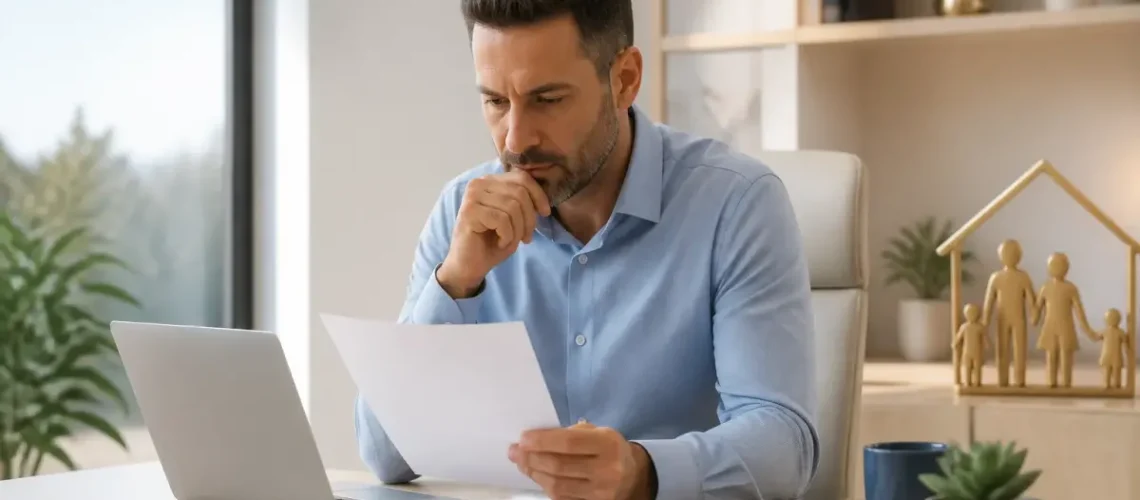 אדם בוחן דוח ביטוחים במחשב לצד מסמכי פוליסה ועט על שולחן עבודה