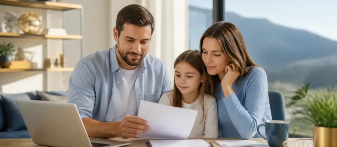 משפחה בוחנת מסמכי ביטוח בבית לצד מחשב עם נתונים פיננסיים