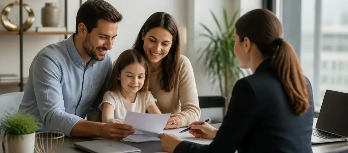 משפחה בוחנת פוליסות ביטוח במחשב כחלק מבדיקת הר הביטוח וחיסכון אפשרי