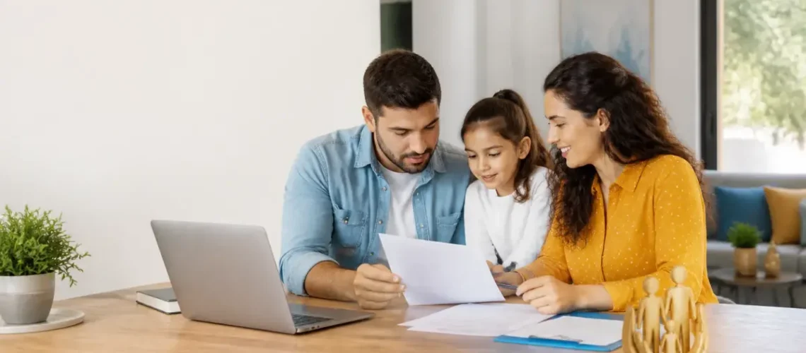 משפחה ישראלית בוחנת מסמכי ביטוח בריאות בבית עם מחשב נייד