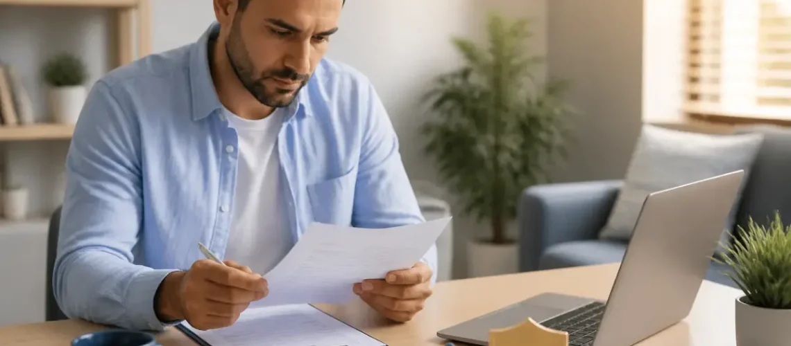 מבוטח בוחן מסמכי פוליסה ומכתב דחייה ליד מחשב בבית