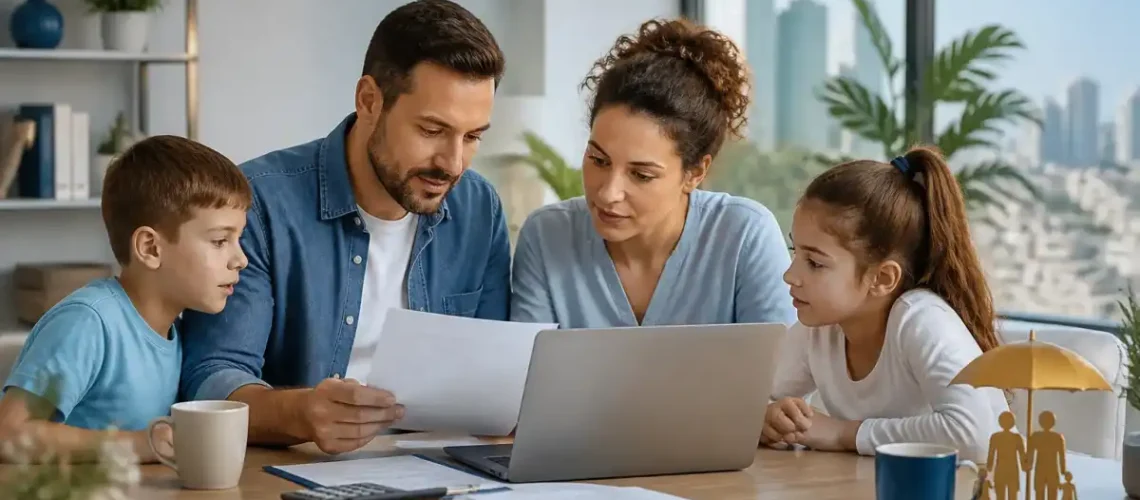 משפחה בוחנת מסמכי ביטוח וחישובי חיסכון ליד מחשב בבית