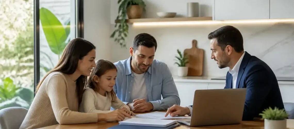 משפחה בוחנת מסמכי ביטוח עם יועץ לפני שינוי פוליסות