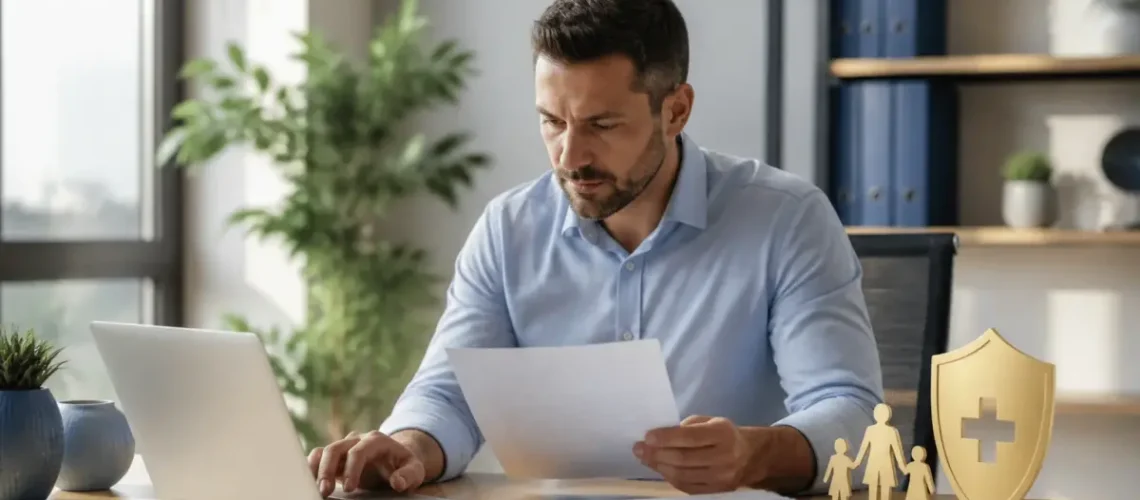 אדם בוחן דוח ביטוחים במחשב לצד מסמכים מסודרים וחישוב הוצאות חודשיות