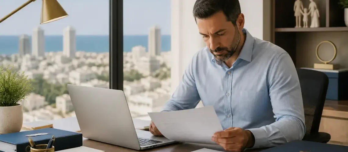 אדם בוחן מסמכי ביטוח ומחשב נייד כחלק מבדיקת תיק ביטוחי מסודרת