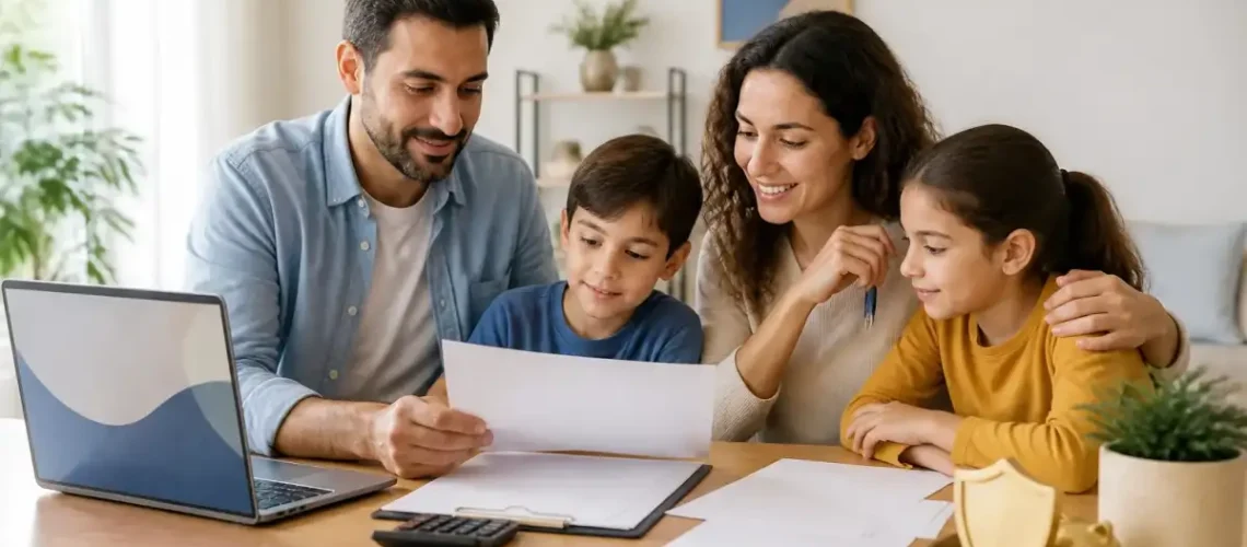 משפחה בוחנת מסמכי ביטוח ומחשבון לצורך חיסכון בפרמיות