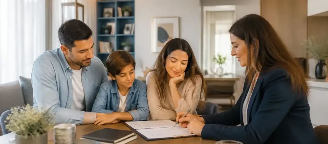 משפחה בודקת מסמכי ביטוח חיים ומינוי מוטבים בבית