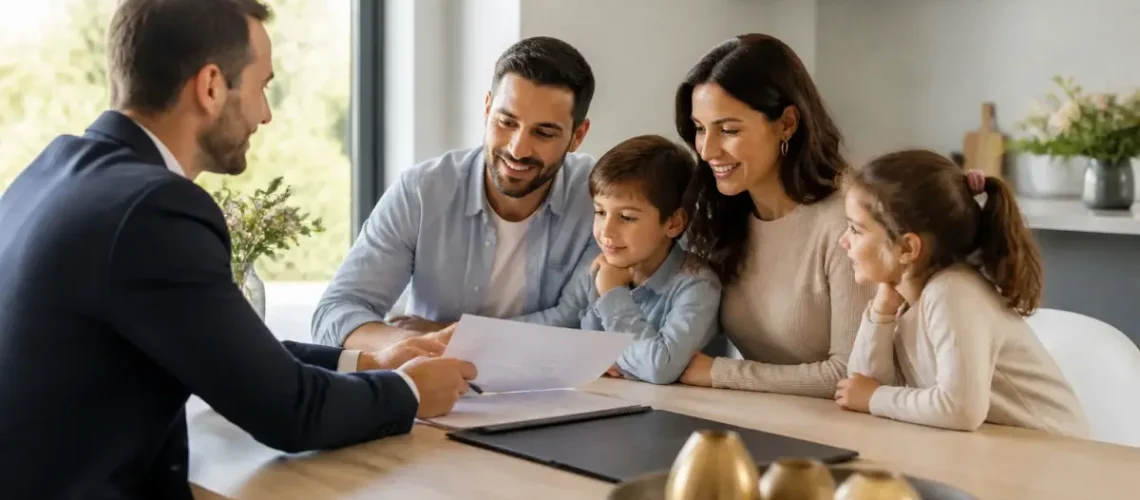 משפחה בוחנת מסמכי ביטוח חיים עם יועץ ליד שולחן ביתי