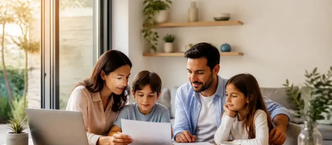 משפחה ישראלית בודקת מסמכי ביטוח חיים ותכנון כלכלי בבית