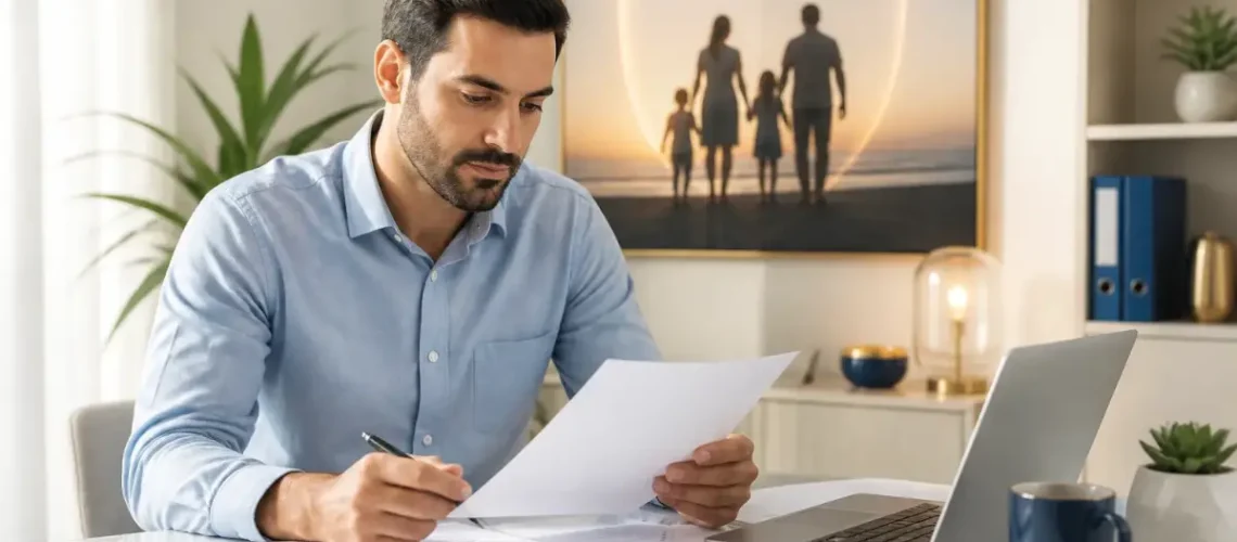 אדם בוחן מסמכי ביטוח חיים וטבלה פיננסית על שולחן עבודה