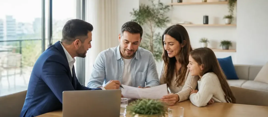 משפחה ישראלית בוחנת מסמכי ביטוח חיים ריסק בבית עם יועץ ביטוח