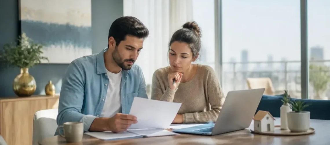 זוג בוחן מסמכים פיננסיים בבית לפני לקיחת הלוואה או משכנתא