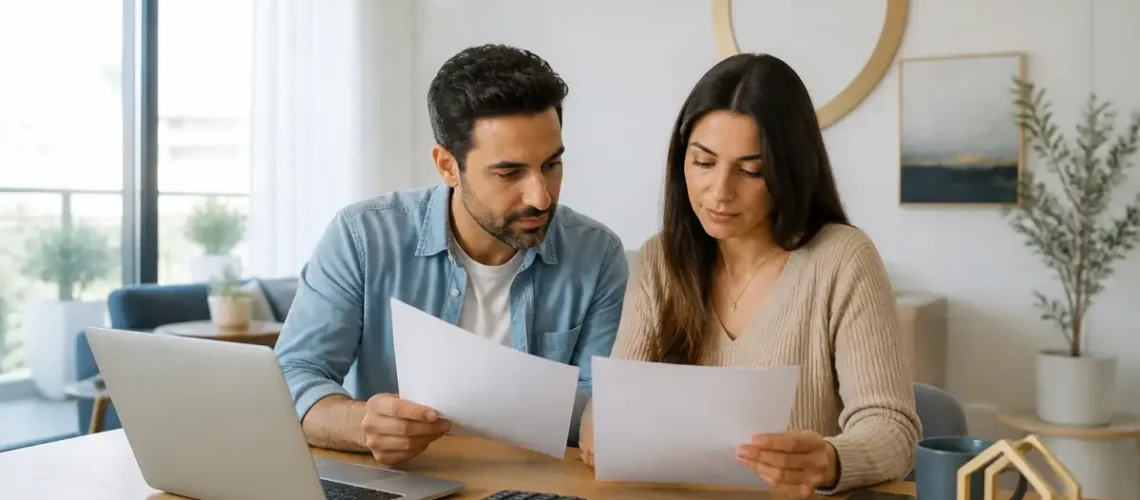 זוג בוחן מסמכי משכנתא וביטוח בבית לצד מחשב נייד