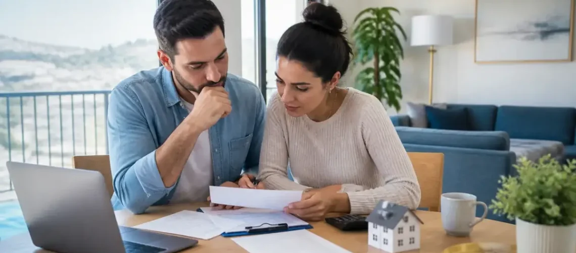 זוג בוחן מסמכי משכנתא וביטוח בבית לצד מחשב נייד