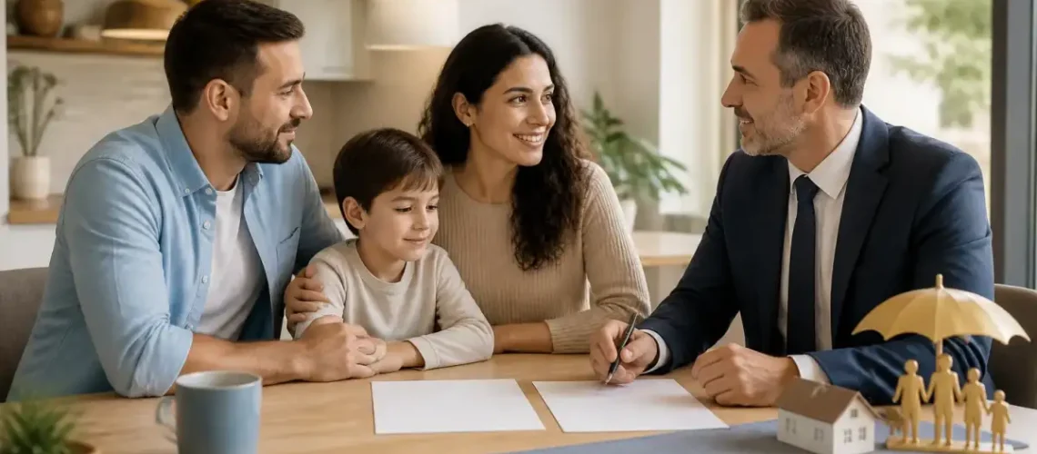 משפחה בודקת מסמכי משכנתא וביטוח חיים בבית לאחר פטירת לווה