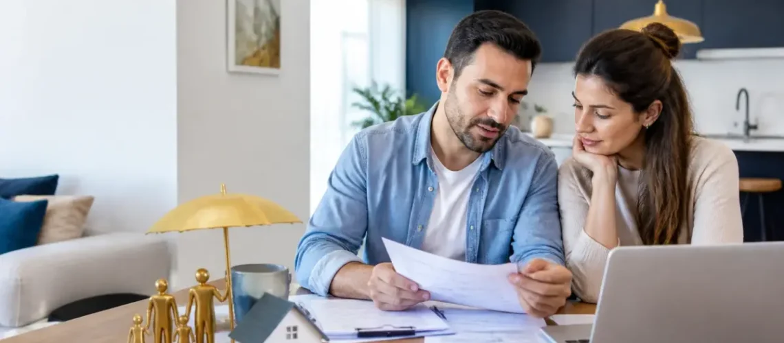 זוג בוחן מסמכי משכנתא וביטוח דירה בבית עם מחשב וקלסר