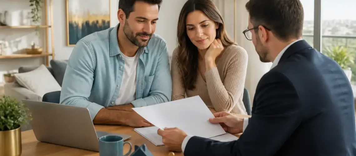 זוג בוחן מסמכי משכנתא וביטוח בבית לפני עדכון הפוליסות