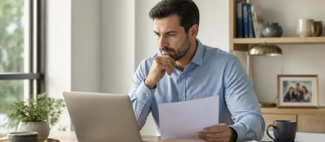 אדם בוחן מסמכי ביטוח ודוח הר הביטוח במחשב ביתי