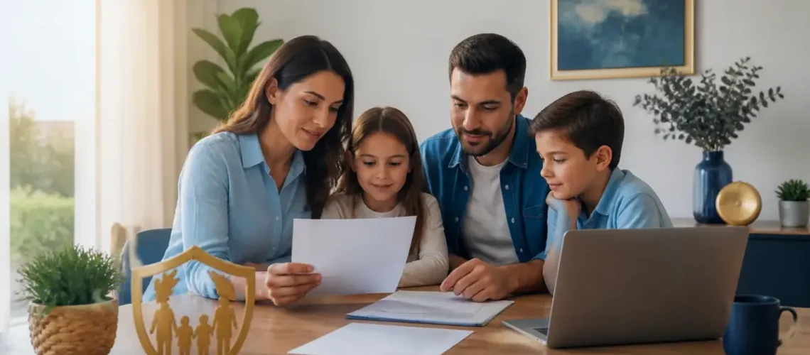 משפחה בוחנת מסמכי ביטוח ומחשבת עלויות מול מחשב בבית