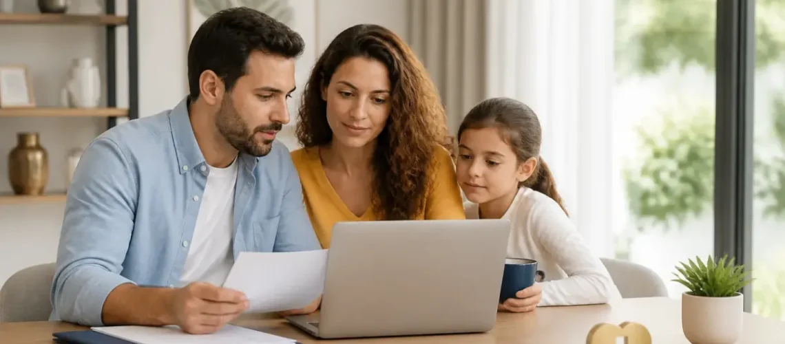 משפחה בוחנת אפשרויות לביטוח בריאות פרטי וקיצור תורים לרופאים מומחים