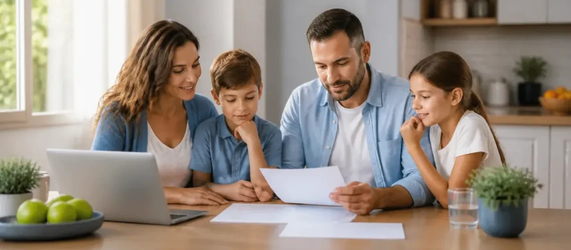 משפחה בוחנת מסמכי ביטוח בריאות פרטי בבית עם מחשב נייד