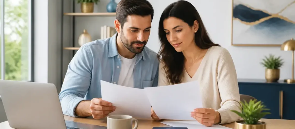 זוג ישראלי בוחן מסמכי ביטוח בריאות בבית לצד מחשב נייד