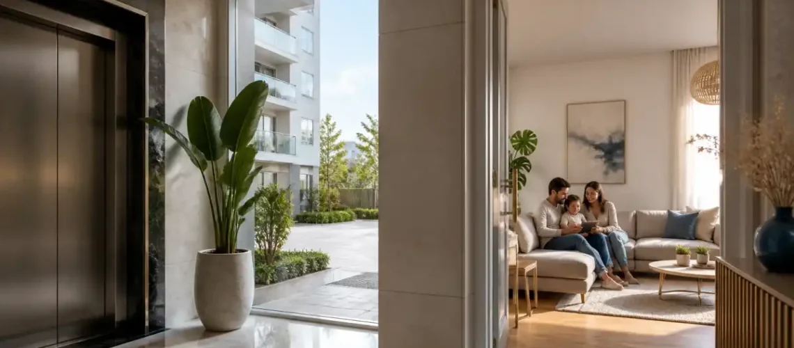 בניין מגורים משותף עם לובי ומעלית לצד דירה פרטית, המחשה לבדיקת ביטוח דירה וועד בית