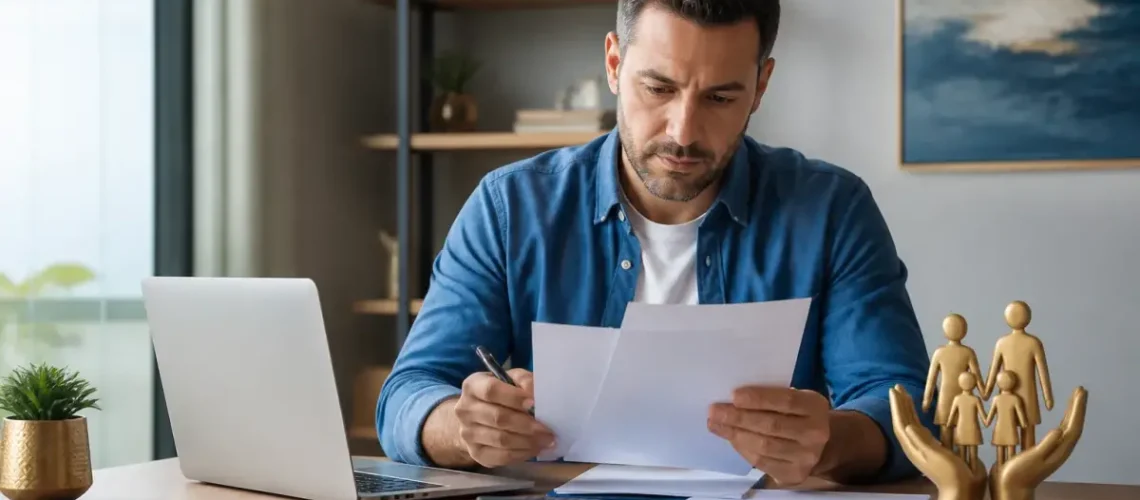 אדם בוחן מסמכי ביטוח חיים ובריאות לצד מחשב בבית